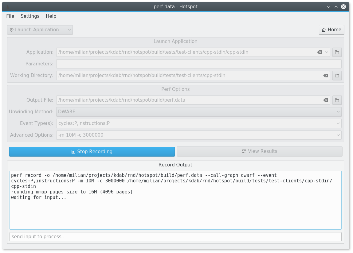 hotspot can launch a new application and profile it with perf from the record page.